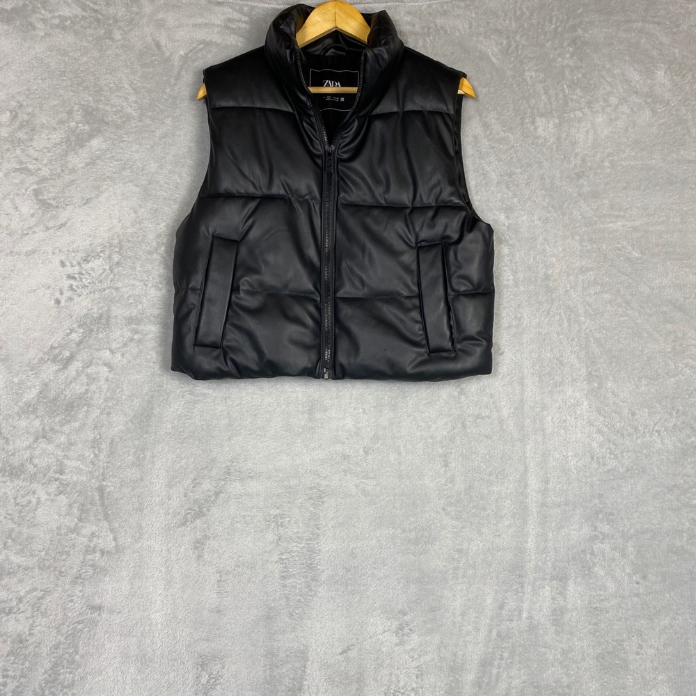Zara Black Faux Leather Puffer Vest Sleeveless Quilted Jacket Stand Collar Small